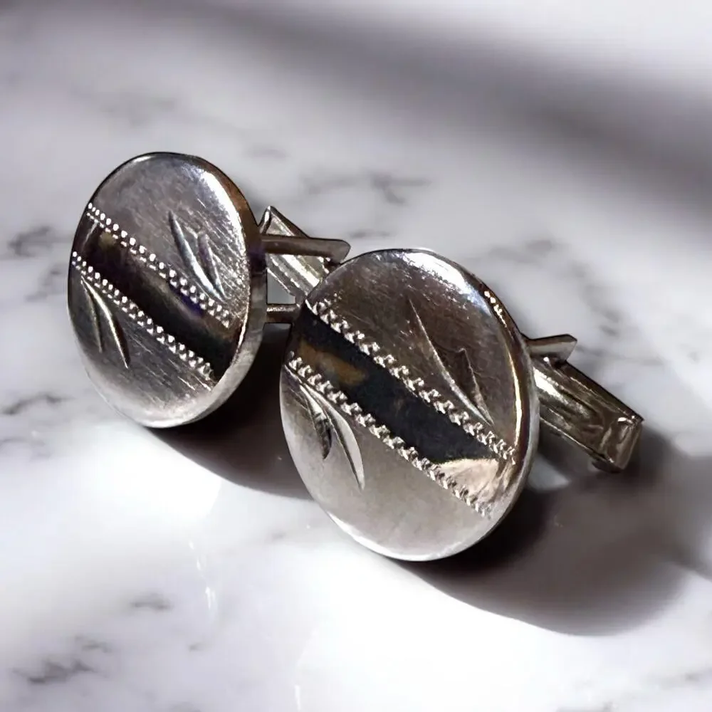 Vintage Cufflinks Mens Silver Tone Brushed Polished Floral Bullet Back